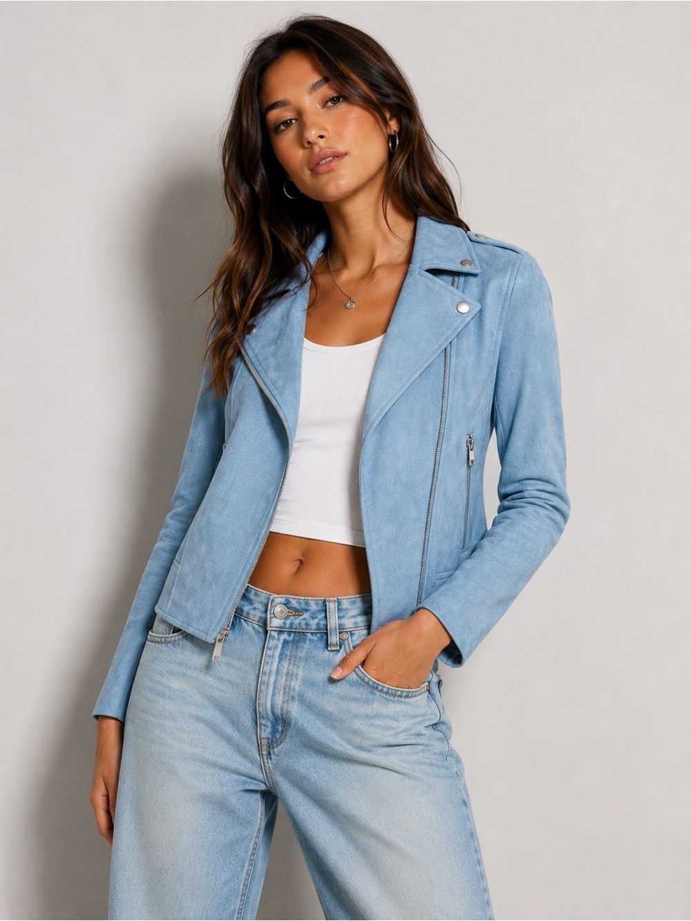 BB Dakota Blue Faux Suede Moto Jacket small NWOT